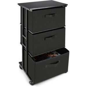Black 3 Drawer Storage Tower Dresser Fabric Organizer Rolling Slim Bedroom Close